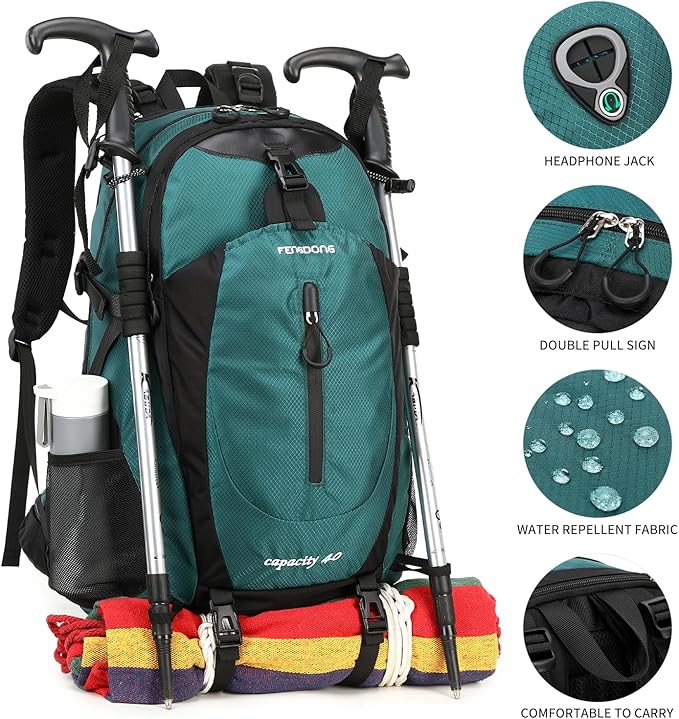 FENGDONG 40L Waterproof Lightweight Outdoor Daypack Hiking,Camping,Travel Backpack for Men Women Dark Green