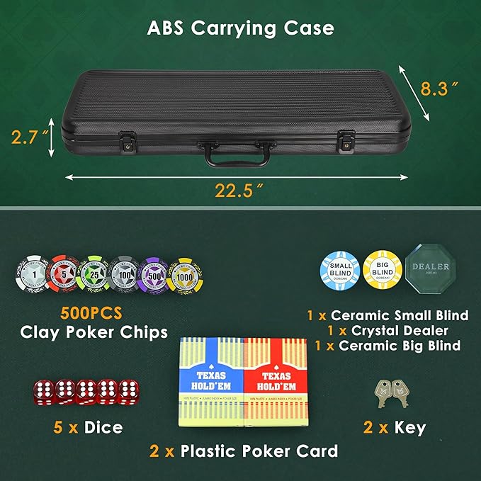 ORIENGEAR Poker Chip Set with Denominations, 500 PCS 14 Gram Clay Composite Casino Chips with ABS Case & 2 Decks of Plastic Cards, for Texas Holdem Blackjack Gambling Games