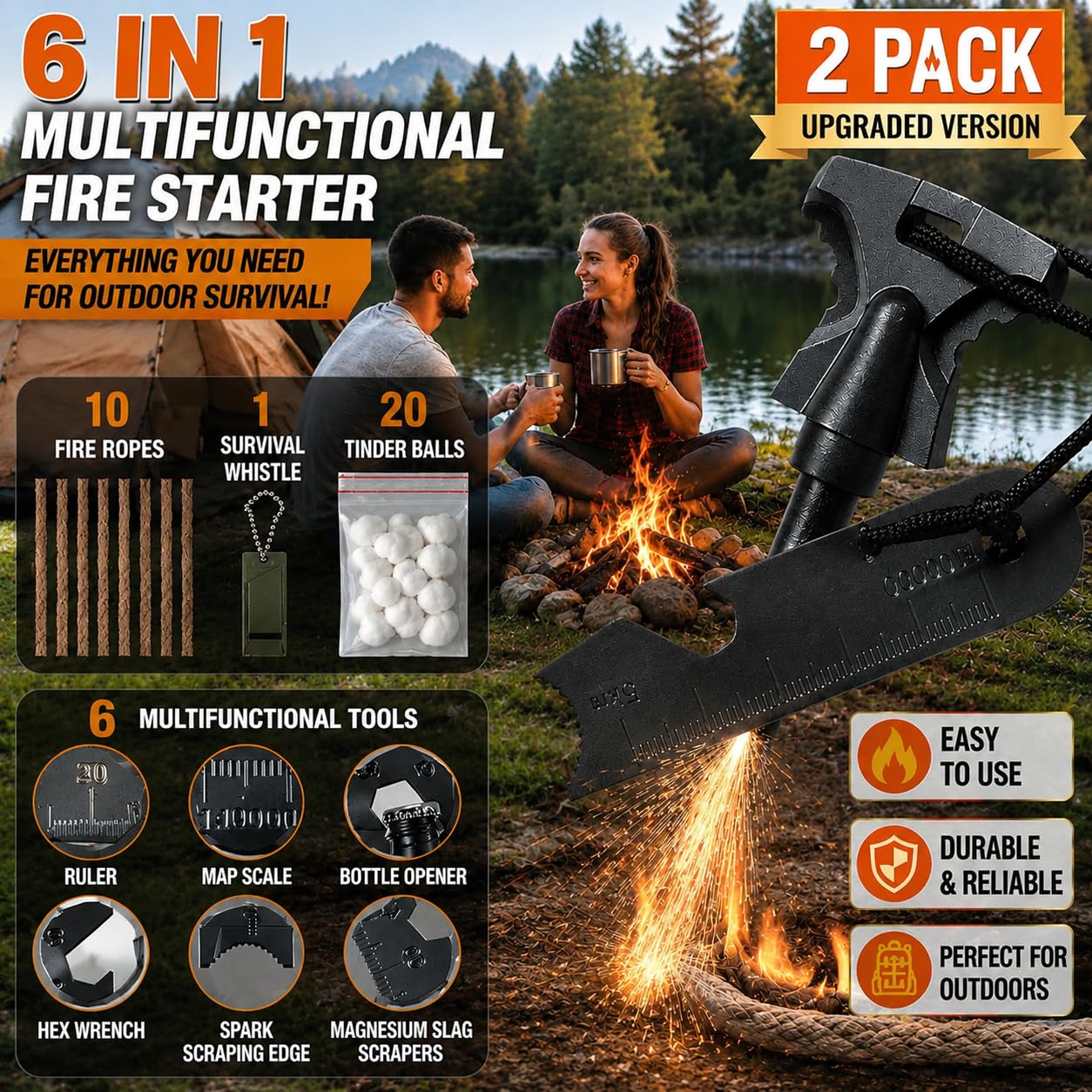 34PCS Fire Starter Survival Kit with 3 Ferro Rods & Striker Tinder