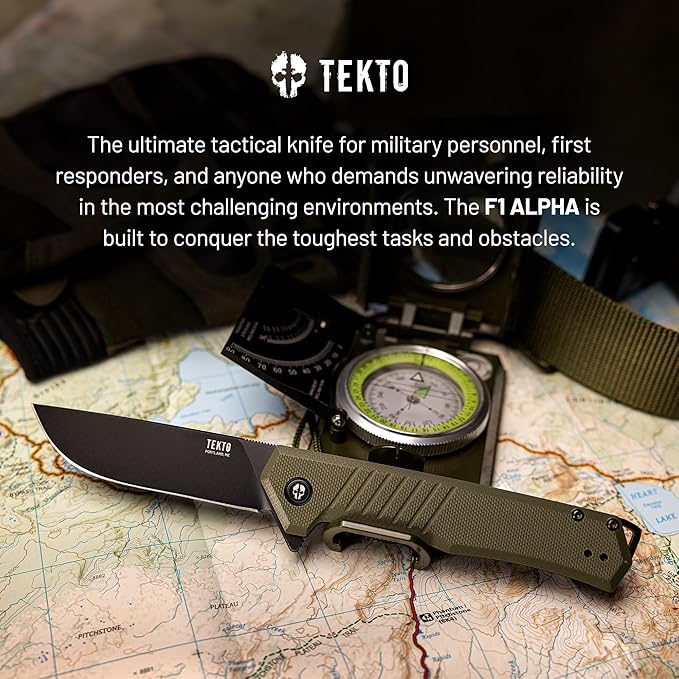 F1 Alpha Folding Pocket Knife - Modified Straight Back Blade, Titanium Coated D2 Steel, Ideal for Outdoor Camping and Backpacking, Tactical G10 OD Green Handle, Black Titanium Accents