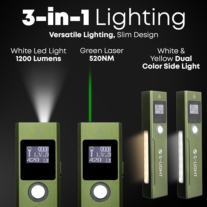 S Light Tactical Flashlights High Lumens Rechargeable - 1200LM Magnetic Base, Green, P9 LED, USB-C, Green Beam Laser, Dual Color Modes Rechargeable Flashlights High Lumens