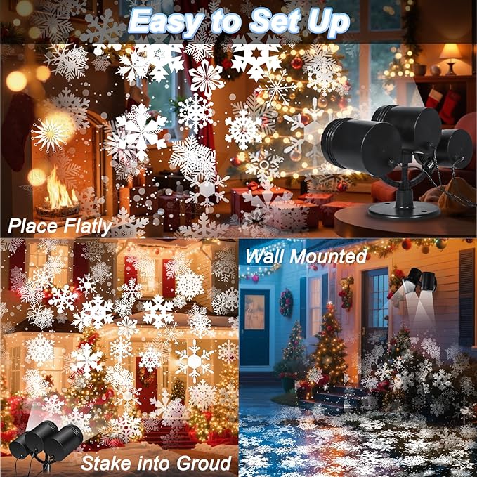 Snowflake Christmas Projector Lights Outdoor, [Timer] Triple Head Snowflake Projector Light, Waterproof 360°Rotating LED Snowfall Projector for Holiday Party Yard Garden Indoor Christmas Decoration