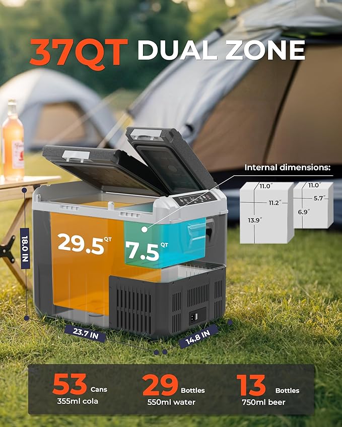 12 Volt Car Refrigerator, 37QT(35L) Electric Cooler, Dual Zone Portable Freezer with 12/24V DC & 100-240V AC, -4℉-68℉, Car Fridge for Truck Camping Travel RV Road Trips