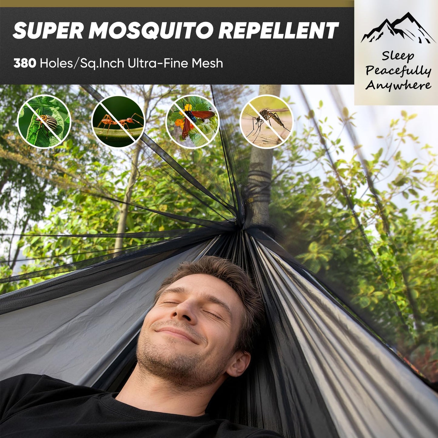 Camping Hammock with Mosquito Net, 500 lbs Portable Hammock with Tree Straps, 2-in-1 Double/Single