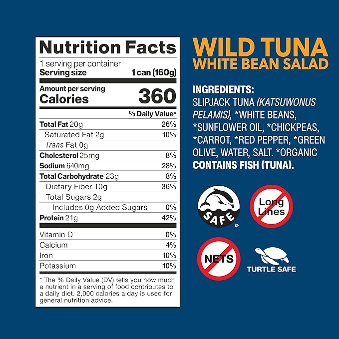 Wild Planet Ready-To-Eat Wild Tuna White Bean Salad With Organic Chickpeas, Carrots, Red Peppers & Green Olives 5.6oz (Pack Of 12)