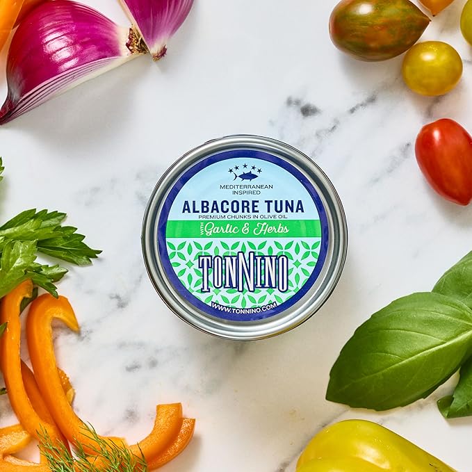 Tonnino Tuna Fish Albacore - Premium chunk in olive oil with Garlic & Herbs ??Pack of 12 ??Alternative to Salmon ??Protein Snacks ??Ready to Eat Meals