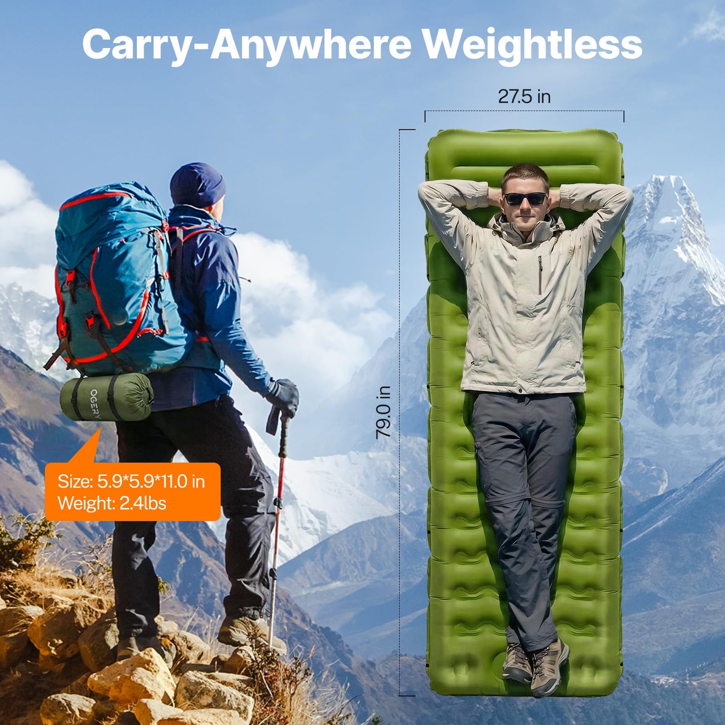 OGERY Sleeping Pad, Ultralight Inflating Camping Pad with 6" Extra-Thick