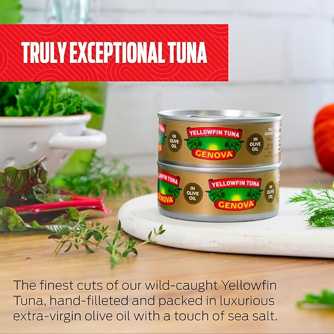 Genova Premium Yellowfin Tuna in Olive Oil, 5 Ounce Cans, 12-Pack ??Nutrient Rich, High Protein Canned Tuna Fish - Delicious, Easy, Nutritious Ready to Eat Meals