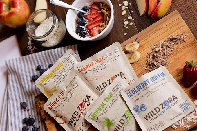 Wild Zora Instant Grain-Free Hot Cereal - Tasty Paleo Friendly Cereals, Instant Hot Meal, Breakfast to Go, Oatmeal Substitute, No Added Sugar, Grain, Dairy, or Soy, Gluten Free, 5-Pack Variety