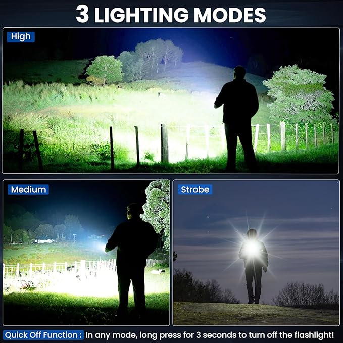 3 Pack Rechargeable Flashlights High Lumens, 90,000 Lumen Super Bright Led Flashlight with Adjustable 3 Modes & Power Display, Brightest Handheld Waterproof Flash Lights for Home Camping Hiking