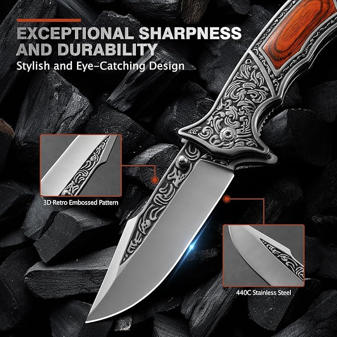 Pocket Knife with Sheath and Clip, 440C Stainless Steel Folding Knife 3D Retro Embossed Pattern, Gifts Christmas, Birthday, Father's Day (D-J37)