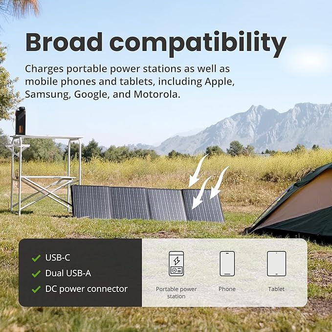 Ideal Living Portable Solar Panel IL100 | Lightweight, Water Resistant, with Built-in Voltage Converter | for Camping, Travel, Emergencies & Power Outages | USB Ports