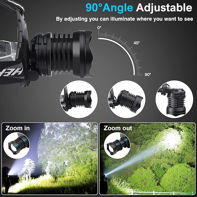 Bud K LED Headlamp USB Rechargeable, Head Lamp XHP70 Super Bright 1080 Lumen with 5 Modes, Batteries Included, Zoomable, Waterproof Headlight for Camping Hunting Running Fishing Biking
