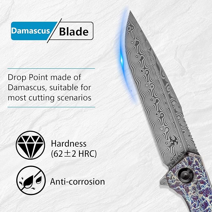 KANSEPT Qilin Pocket Knife, 3.24'' Damascus Sharp Blade, Titanium Lightning Strike Finish Handle for Edc, Flipper and Liner Lock with Double-Sided Clip, Men Camping Survival Folding Knives K1047A3