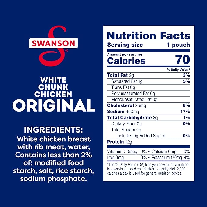 Swanson Original White Chunk Fully Cooked Chicken, Ready to Eat, Simple On-the-Go Meals, 2.6 OZ Pouch (Pack of 24)