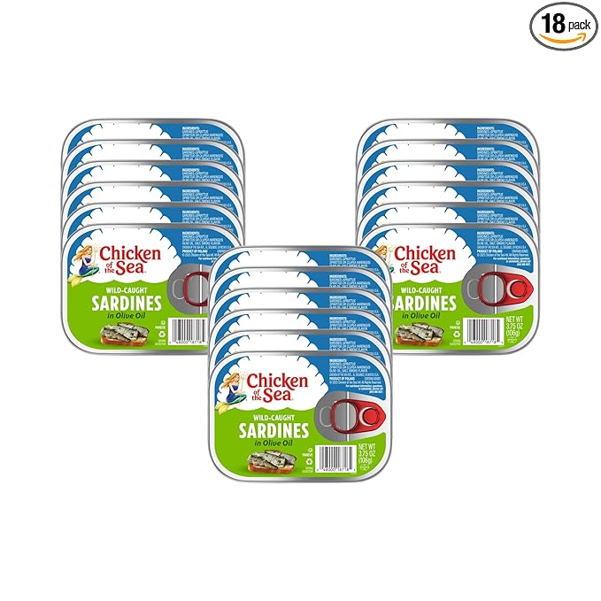 Chicken of the Sea Sardines in Olive Oil, 3.75 oz. Cans (Pack of 18), Wild Caught Canned Sardines, Packaging May Vary