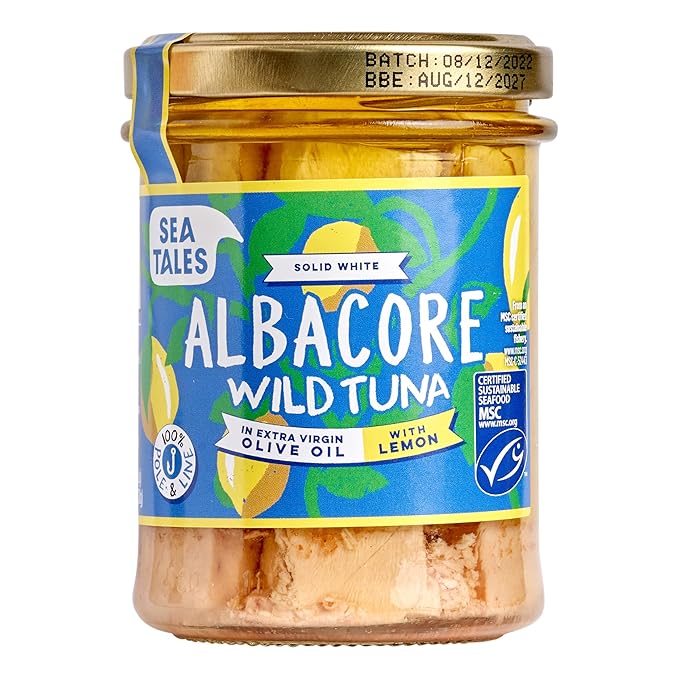 Sea Tales Albacore Fillets in Extra Virgin Olive Oil with Lemon in Jar - 100% Pole & Line Wild Sustainably Caught - High Protein Food - Keto Friendly - 7 oz. Jars (Pack of 6)