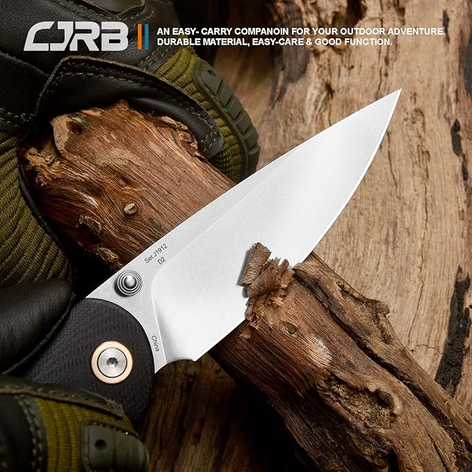 CJRB Folding Knife Feldspar Pocket Folding Knife Stonewash D2 Steel Blade G10 Tactical Handle EDC Knife Black Handle(J1912)