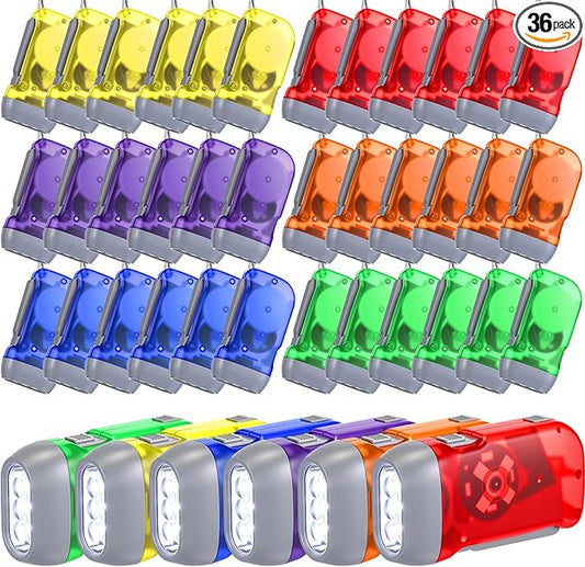 Treela 36 Pcs Hand Crank Flashlights Operation Christmas Bulk Items Squeeze Flashlight No Battery Required Torchlight 3 Powered Charging for Emergency(Red, Blue, Purple, Orange, Yellow, Green)