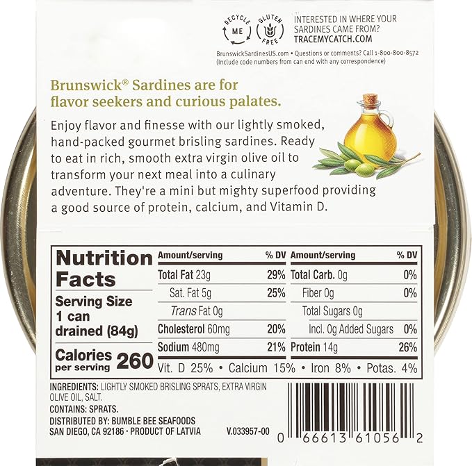 Brunswick Wild Caught Gourmet Brisling Sardines in Extra Virgin Olive Oil, 4.23 oz Can (Pack of 12) - Wild Caught Sardines - 14g Protein per Serving - Gluten Free, Keto Friendly