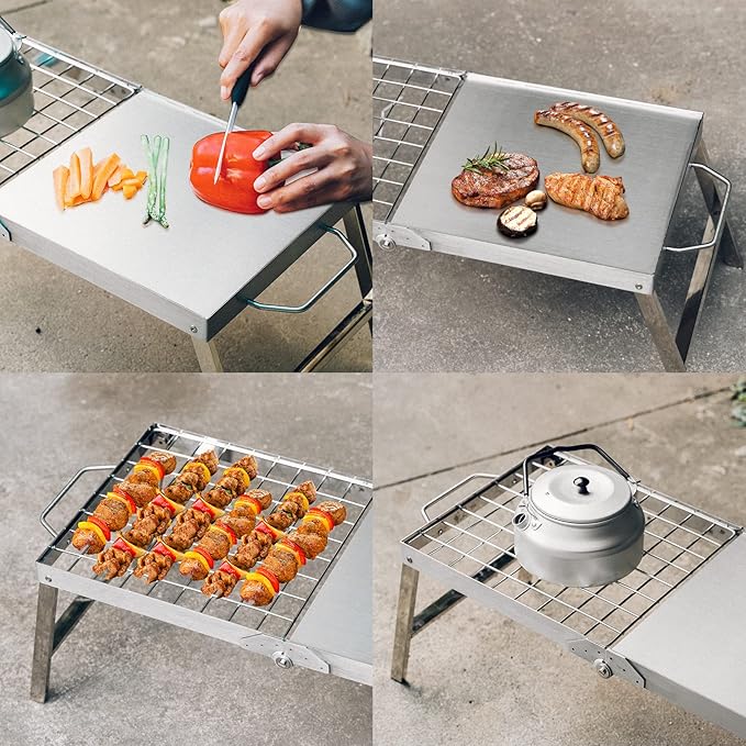 Skyflame Folding Campfire Grill, Portable Stainless Steel Camping Grill Grate and Camp Grill Griddle with Collapsible Legs for Versatile Outdoor Backpacking BBQ Over Fire Pit Cooking