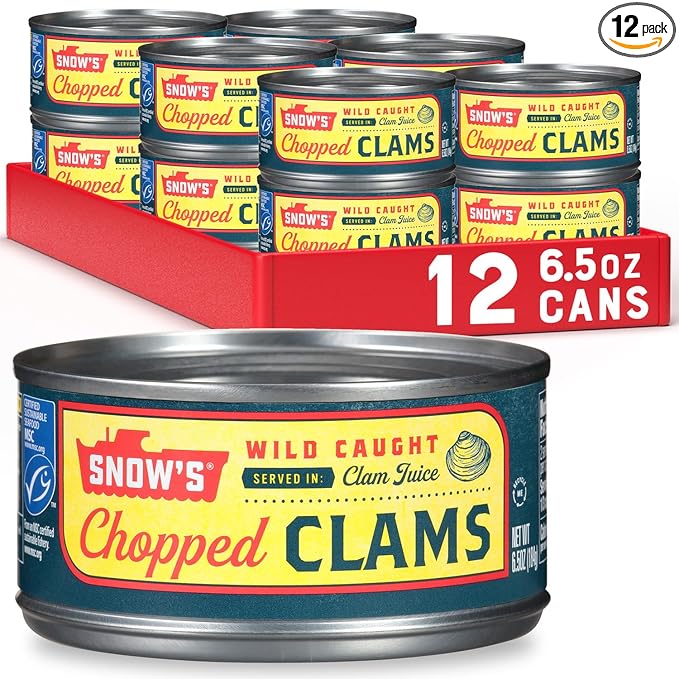 Snow's Wild Caught Chopped Clams Canned, 6.5 oz Can (Pack of 12) - 5g Protein Per Serving - Gluten Free, Keto Friendly, 99% Fat Free
