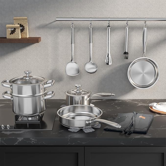 Meythway 𝐇𝐄𝐀𝐕𝐘 Pots and Pans Set Non Toxic, 16PCs Stainless Steel Cookware Set with Steamer, Kitchen Induction Cookware with Utensil Sets, Pot Protectors and Apron For Oven & Dishwasher Safe