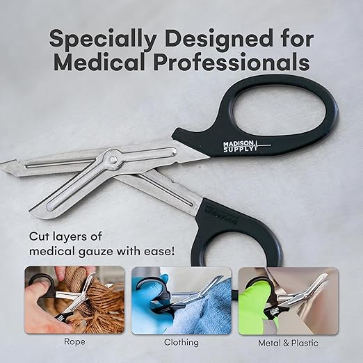 Madison Supply Trauma Shears Metal - 7.5 Inch Big Medical Scissors Stainless Steel with Fluoride Coating, Non-Stick Blades, and High-Impact Handles - 2 Pack Bandage Scissors (Black/Stainless)