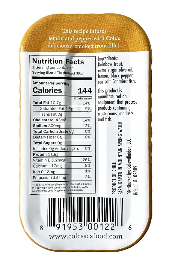 COLE?™S - Smoked Trout Fillet with Lemon & Cracked Pepper | 3.2oz Hand-Packed Canned Fish | High in Protein & Vitamin D | Preservative Free | Single Unit