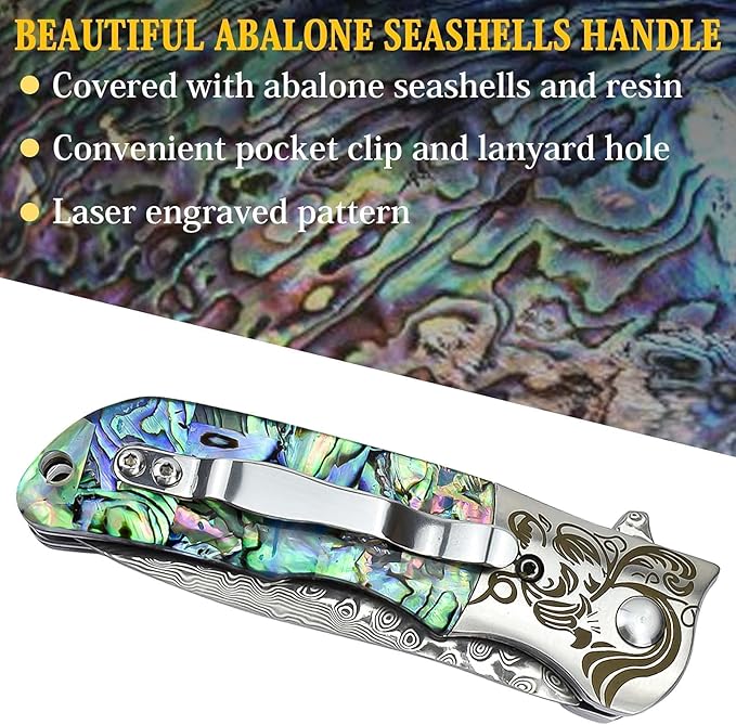 AUBEY EDC Damascus Pocket Knife with Leather Sheath, Abalone Shells Handle, Handmade Damascus Steel Folding Knives with Clip for Everyday Carry, Excellent Gifts for Men Women Hunting
