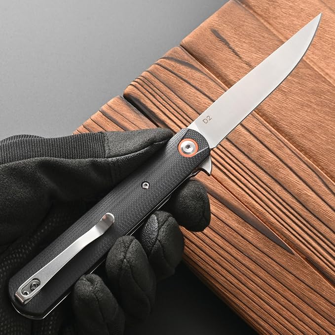 FF6 Folding Knife,D2 Steel Blade G10 Handle EDC Tool Knife for Camping,Hiking,Hunting,Fishing(Black)