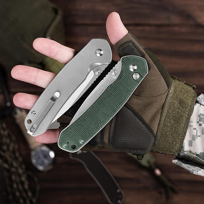 CJRB CUTLERY Pocket Knife Pyrite (J1925L) Button Lock EDC Large Foldable Knife AR-RPM9 Steel Blade and Green Micarta Handle Pink Outdoor for Women Men for Gifts