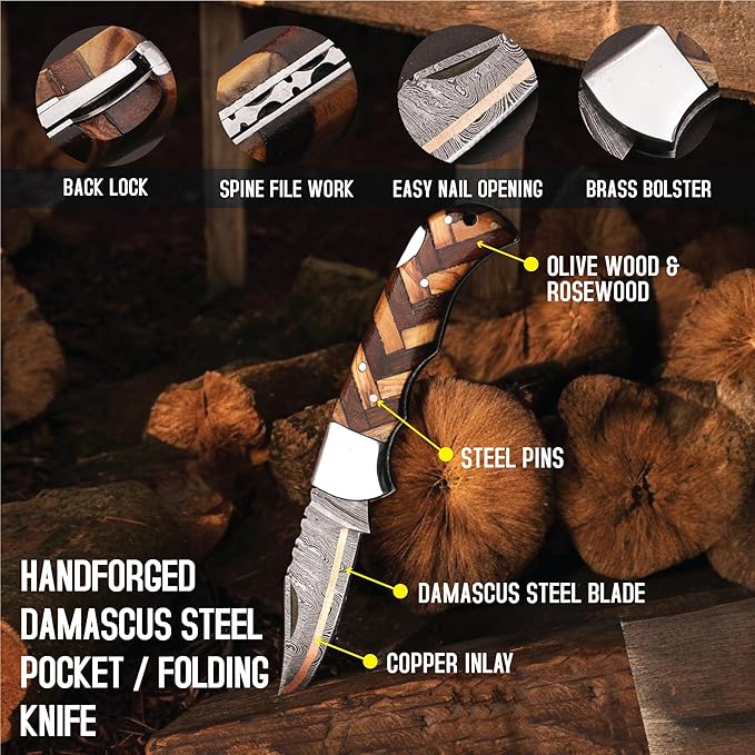 6.5 inch Damascus Pocket Knife with Sheath, Handmade Folding Pocket Knife for Men, Black-Red Wooden Handle with Brass Bolster, Secure Lock Back Camping Knife for EDC,Hunting,Hiking (Copper Damascus)