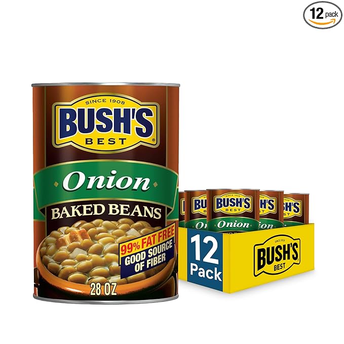 BUSH'S BEST Canned Onion Baked Beans (Pack of 12), Source of Plant Based Protein and Fiber, Low Fat, Gluten Free, 28 oz