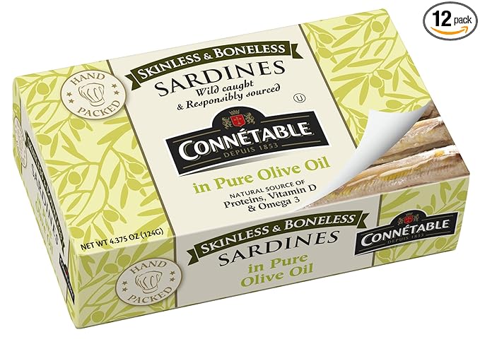 Sardines | Connetable | Sardines in Pure Olive Oil | Skinless Boneless | 4.375 Ounce | Pack of 12
