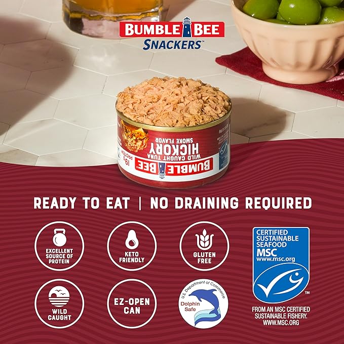 Bumble Bee Snackers - Hickory Smoke Tuna, 3 oz Easy Open Can - 19g Protein per Serving - Wild Caught Skipjack Chunk Light Tuna Pack - No Draining, Ready to Eat