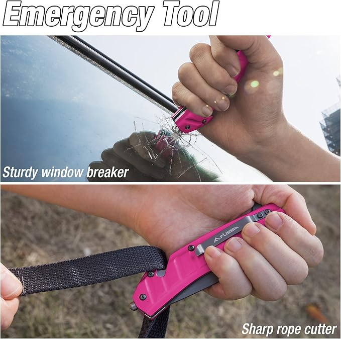 FLISSA Folding Pocket Knife, Tactical Knife with Liner Lock, Tanto Blade, Pocket Clip, Glass Breaker, Seatbelt Cutter, Perfect for Hunting, Camping, Survival (Pink)