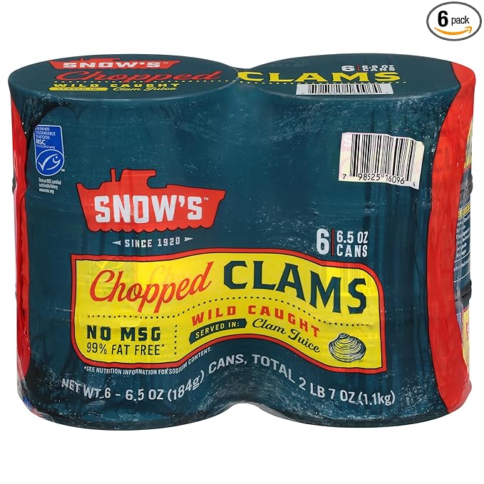 Snow's Wild Caught Chopped Clams Canned, 6.5 oz Can (Pack of 6) - 5g Protein Per Serving - Gluten Free, Keto Friendly, 99% Fat Free