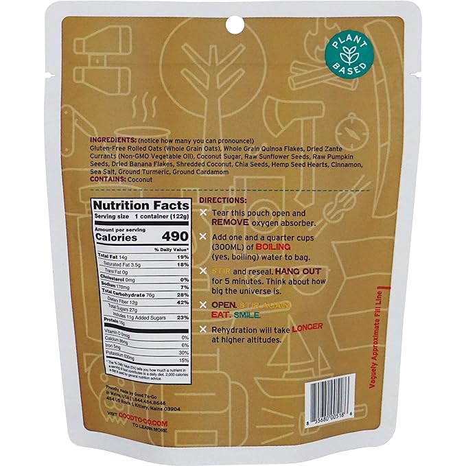 GOOD TO-GO Oatmeal (6-Pack of Single Servings) | Camping & Backpacking Food | Just Add Water Backpacking Meals | Good To-Go Dehydrated Meals Taste Better Than Freeze Dried Food