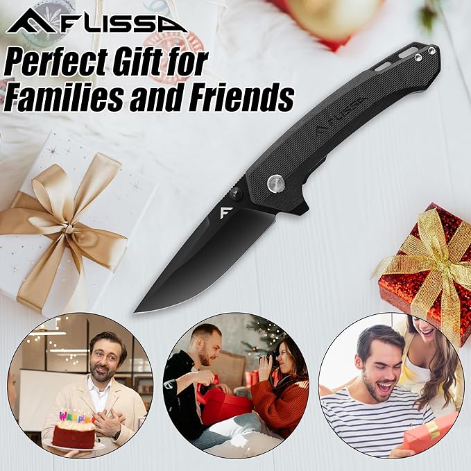 FLISSA Pocket Folding Knife, 3.2??D2 Blade G10 Handle EDC Knife with Pocket Clip Liner Lock for Hunting, Camping, Survival, Outdoor Activities(Black)