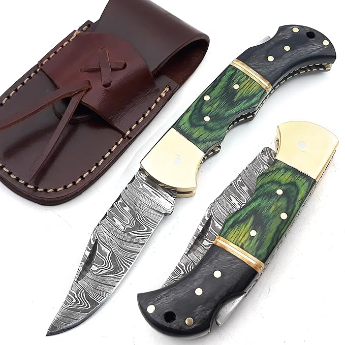 6.5 inch Damascus Pocket Knife with Sheath, Handmade Folding Pocket Knife for Men, Black-Red Wooden Handle with Brass Bolster, Secure Lock Back Camping Knife for EDC,Hunting,Hiking (Green)