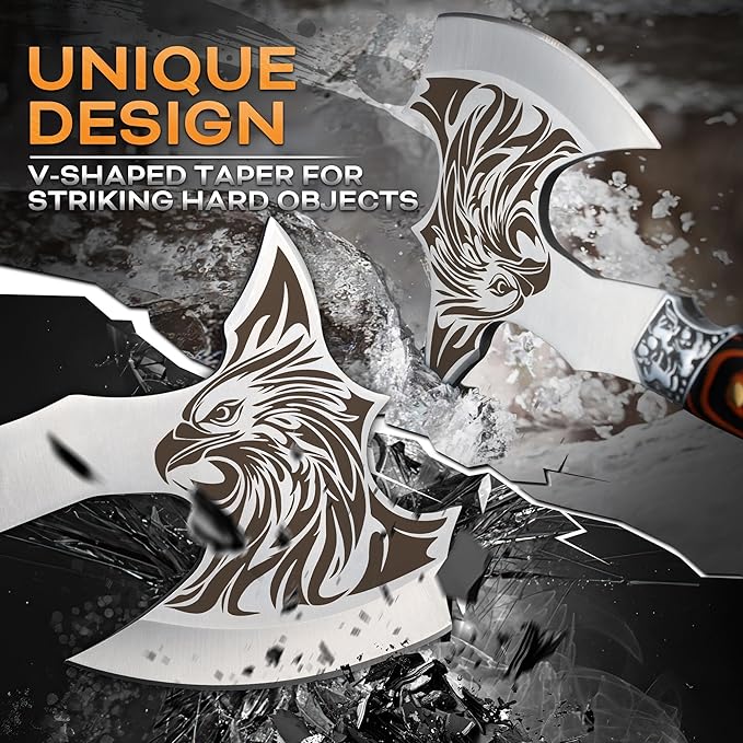 TIVOLI Camping Axe, Eagle - Patterned Survival Hatchet with Nylon Sheath, High Carbon Steel Blade Compact Outdoor Bushcraft Axe with Ergonomic Wood Grip, Camping Gear for Hiking, Chopping, Hunting