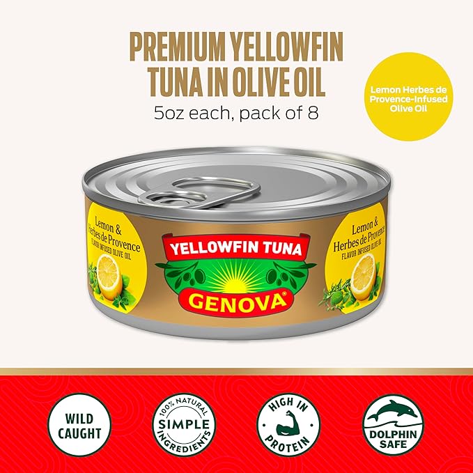 Genova Premium Yellowfin Tune in Lemon and Herbes de Provence Infused Olive Oil, 5 Ounce Cans, 12-Pack ??Nutrient Rich, High Protein Canned Tuna Fish - Delicious, Easy, Nutritious Ready to Eat Meals