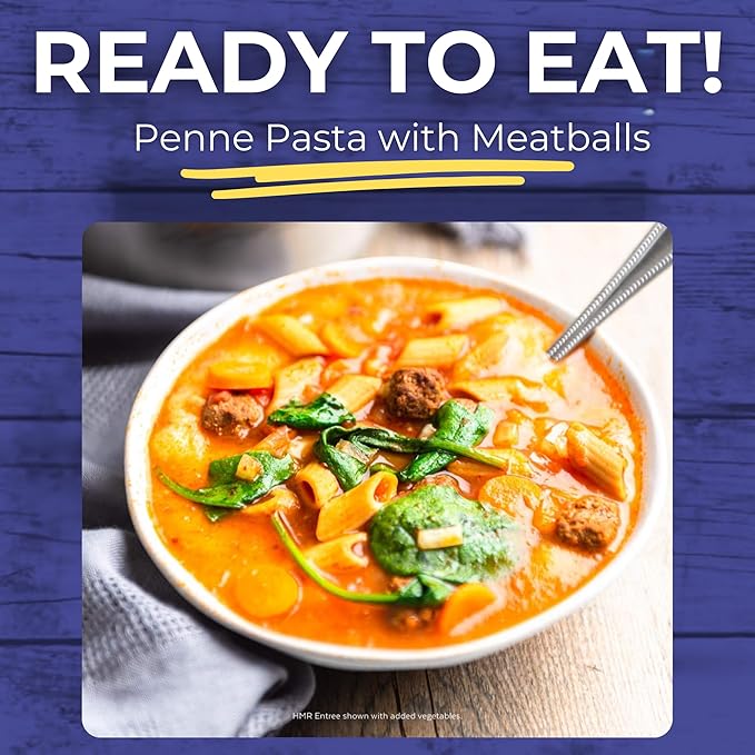 HMR Penne Pasta with Meatballs Entrée | Pre-packaged Lunch or Dinner to Support Healthy Eating | Ready to Eat | 12g of Protein | Low Calorie Food | 8oz Serving per Meal | Pack of 6