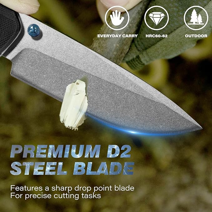 Axis Lock Folding Pocket Knife with Clip, 3.46" D2 Steel Drop Point Blade and G10 Handle, Crossbar Lock Knives for Men Women Camping Hiking Survival Pocketknife