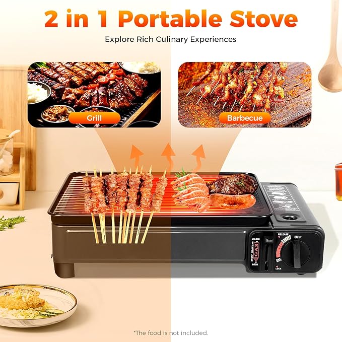 Portable Gas Grill Butane Stove,Portable Camping Grill Gas Stove,Butane Gas Stove,Free Standing BBQ Grill with Grilling Net Carry Case for Camping Traveling Outdoor Cooking