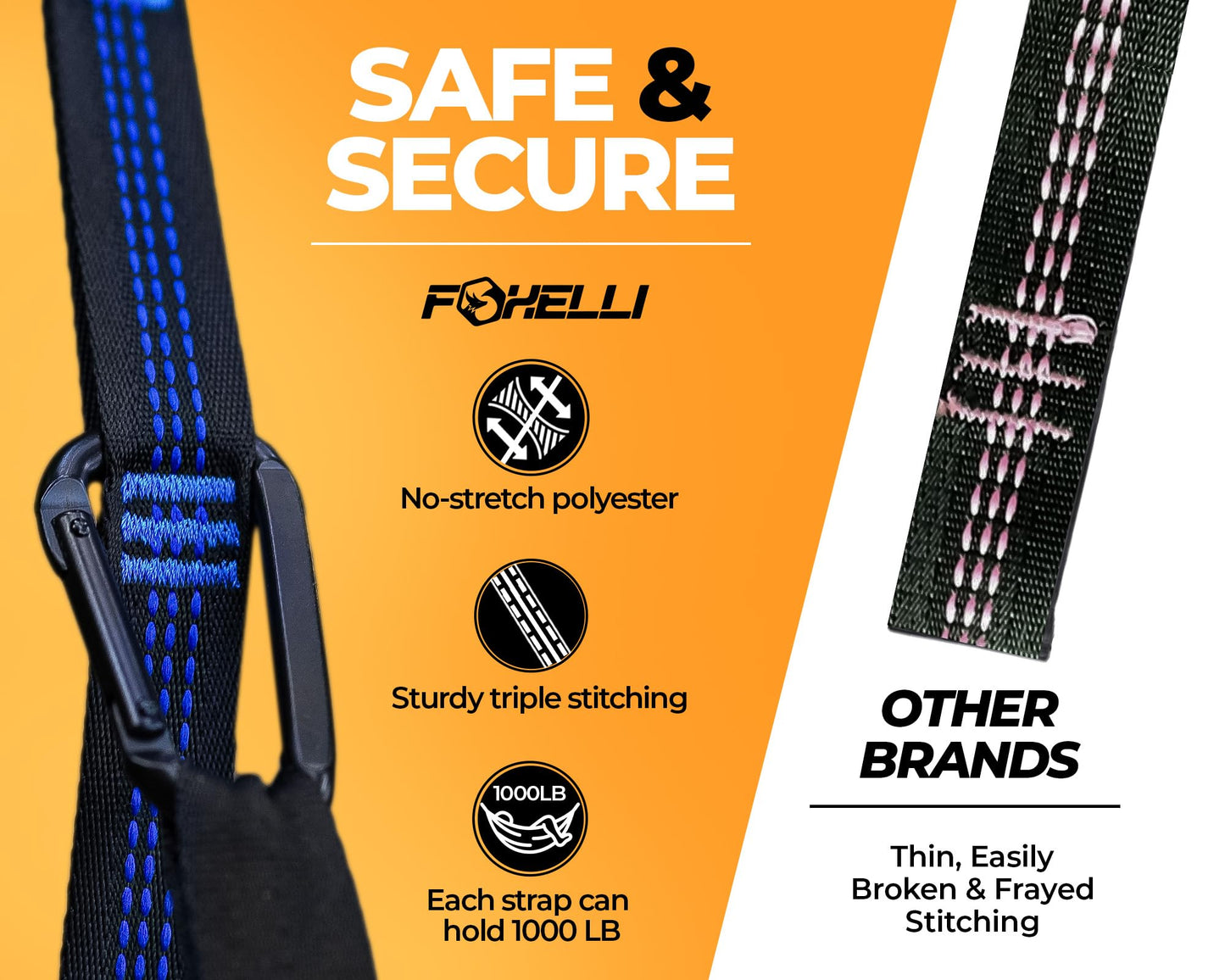 Foxelli XL Hammock Straps - Extra Long 20FT Heavy Duty No-Stretch Suspension System, 40+2 Loops