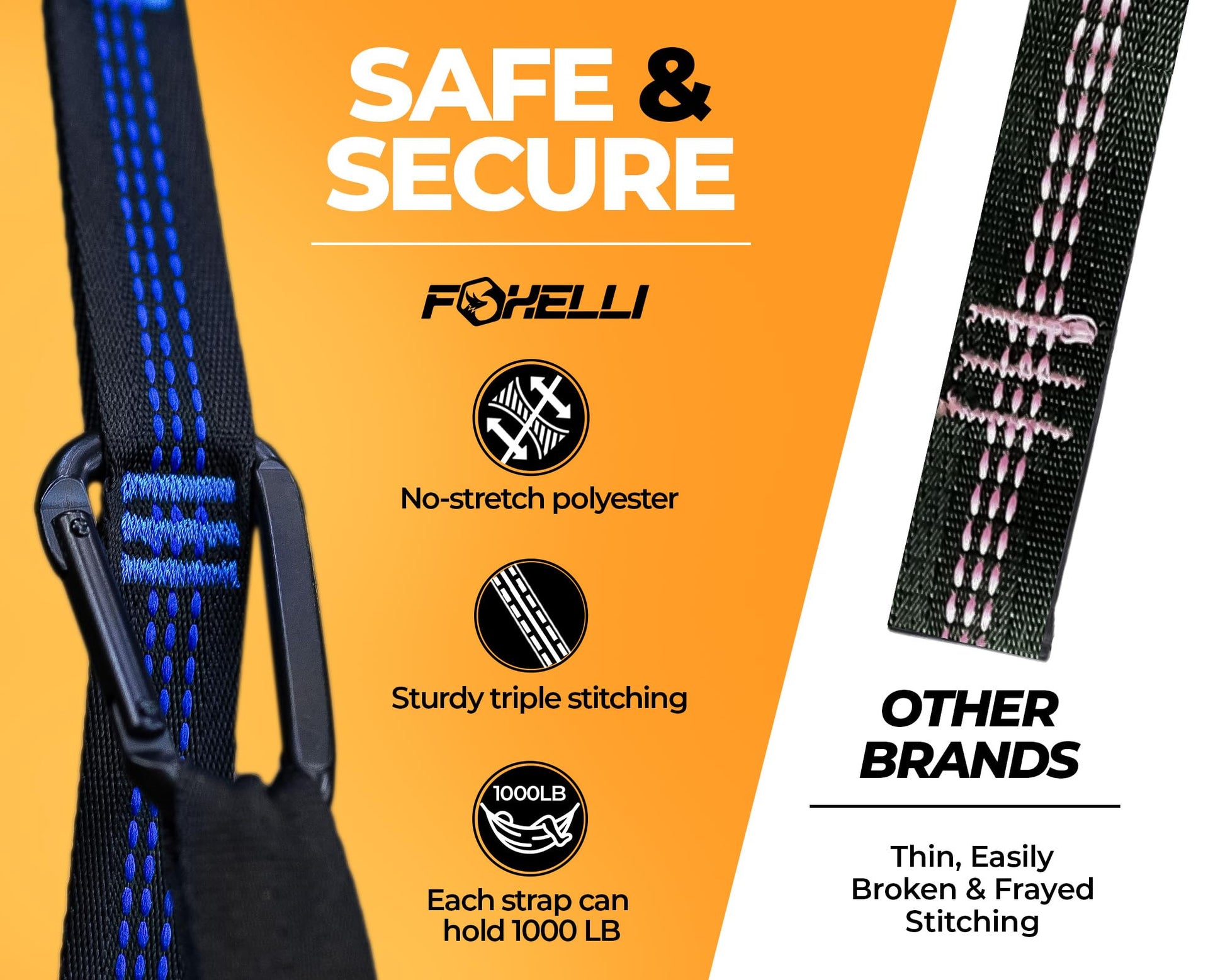 Foxelli XL Hammock Straps - Extra Long 20FT Heavy Duty No-Stretch Suspension System, 40+2 Loops
