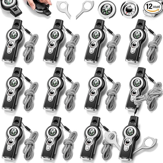 12 Pack Emergency Survival Function Whistle 7-in-1 Compass Hiking Survival Safety Whistle with Lanyard Outdoor Multifunctional Tool Ideal for Hiking Camping Rescue Signaling
