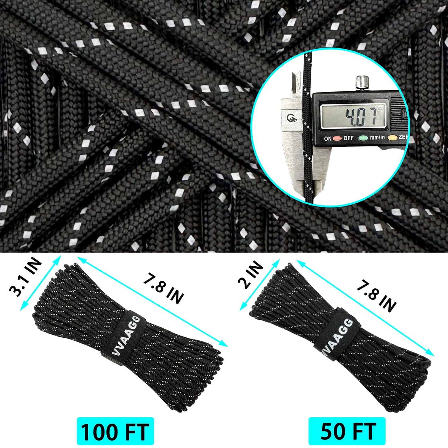 VVAAGG Reflective Paracord, 550 Parachute Cord, 4MM 7 Strand Nylon Rope